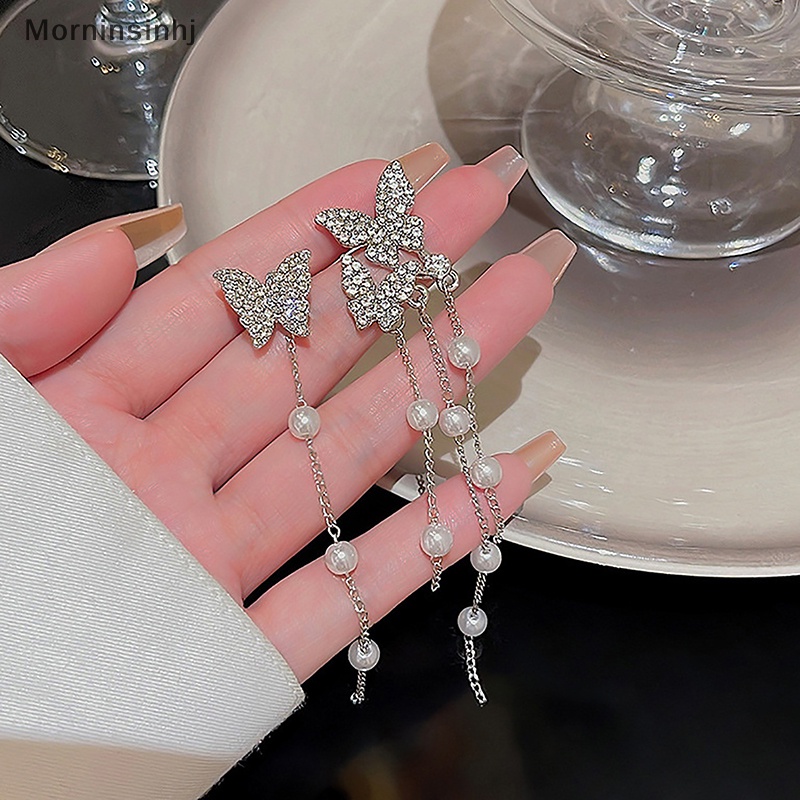 Mornin 1pasang Anting Rumbai Mutiara Kupu-Kupu Warna Silver Temperamen Zirkon Asimetris Pendant Earring Untuk Wanita Perhiasan Gaya Korea id