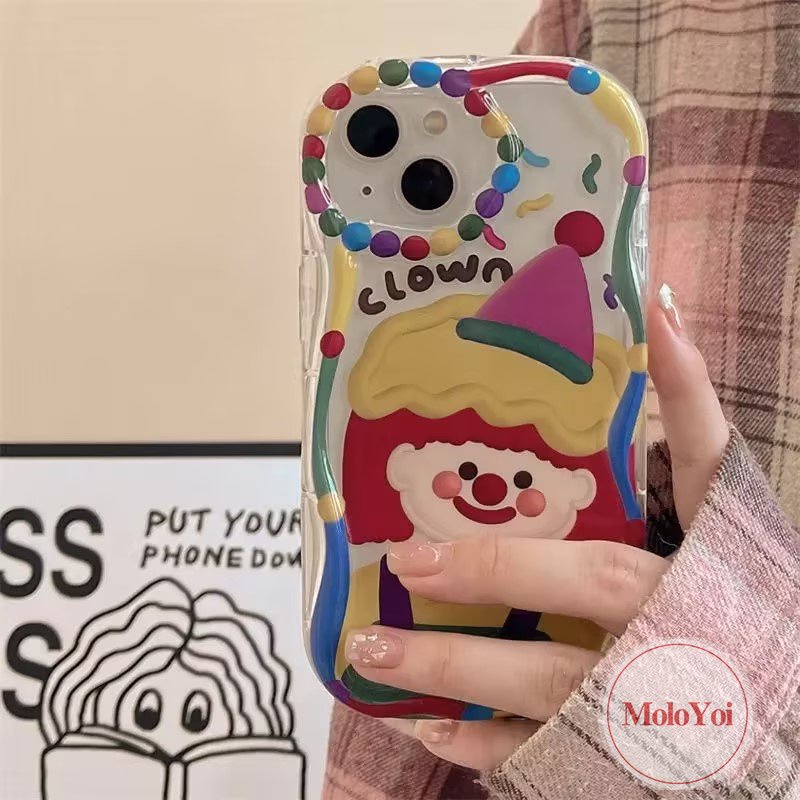 Casing Ponsel Lembut Tepi Melengkung Bergelombang 3D Kompatibel Untuk iPhone XR X XS Max6 7 6s 8plus 11 12 14 13 Pro Max SE 2020 Badut Kartun Lucu Korea Dengan Tali Tangan Gelang Lanyard Case