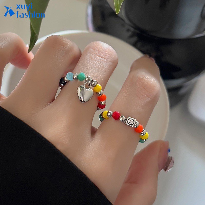 Cincin Hati Berwarna Bohemian Manik-Manik Wajah Tersenyum Rings Untuk Wanita fashion Perhiasan Aksesoris