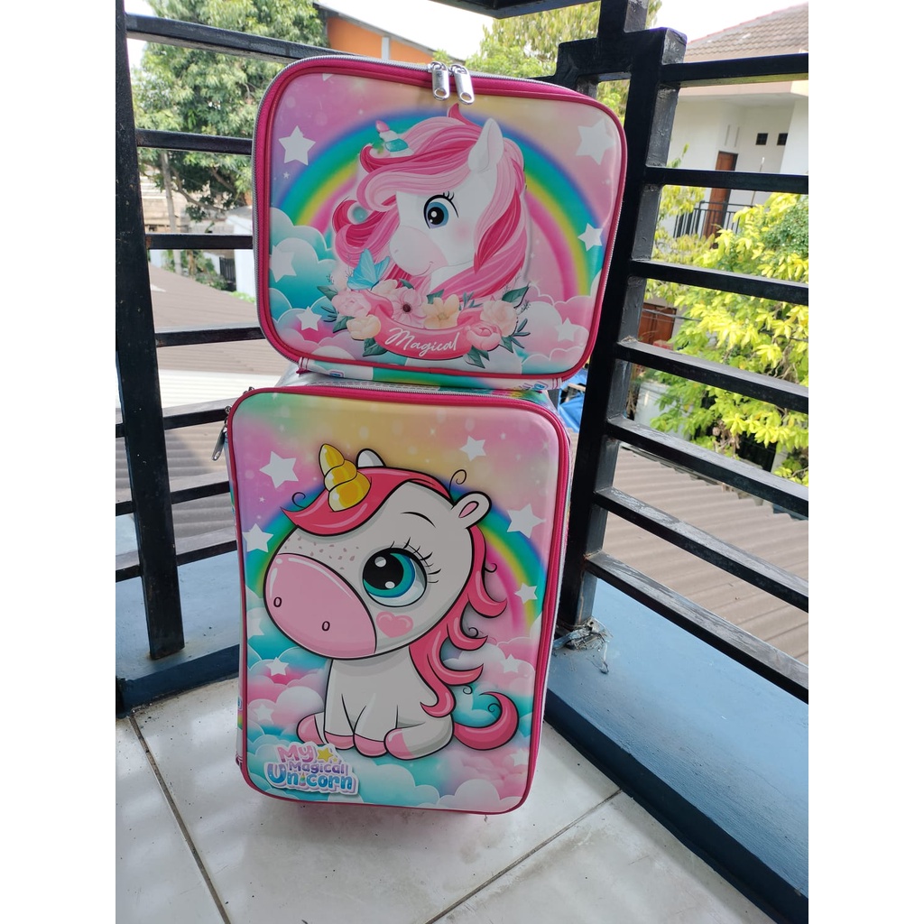 TAS DORONG TROLLEY ANAK PAUD / TK / PLAY GROUP PEREMPUAN GAMBAR KUDA PONY TANDUK SOFT TIMBUL BAHAN TAHAN AIR Pilihan Varian