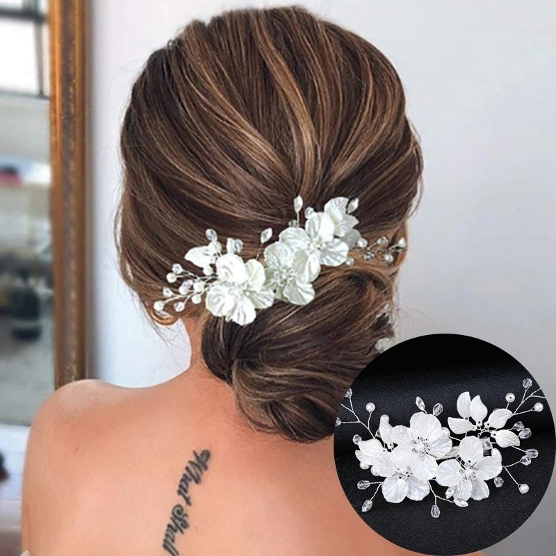 Jepit Rambut Bunga Kristal Mutiara Daun Gaya Eropa/ Hiasan Kepala Berlian Imitasi Handmade Elegan/ Pin Rambut Pengantin Bridesmaid