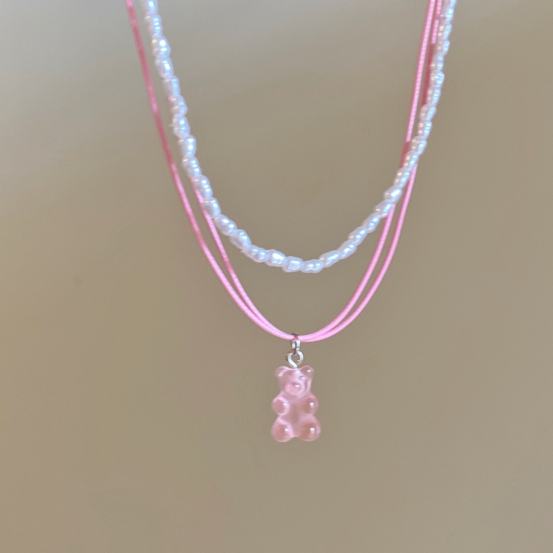 We Flower 2 Pcs Korea Berlapis Mutiara Choker Sweet Pink Jelly Beruang Liontin Kalung Untuk Wanita Perempuan Indah Manis Gummy Bear Kalung Perhiasan Aksesoris