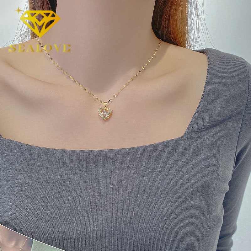 Kalung Titanium Wanita Hati Berlian Emas 18K Anti Karat Aesthetic Mewah Korea Fashion Aksesoris Perhiasan