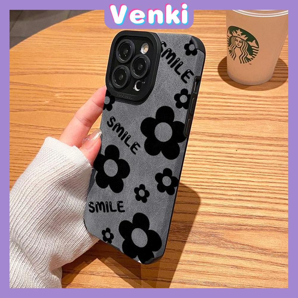 VENKI - Untuk iPhone 11 Case Kulit Anak Sekolah Suede Case Lembut Tahan Guncangan Ponsel Case Kamera Hitam Sederhana Bunga Kompatibel dengan iPhone 14 13 Pro max 12 Pro max xr xs 7Plus 8Plus