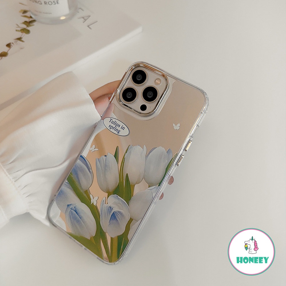 IPHONE Ins Korea Biru Gradiasi Tulip Makeup Cermin Ponsel Case Untuk Iphone14 11 12 13 Pro Max 14plus Bunga Yang Indah Tahan Guncangan Lembut Penutup Belakang