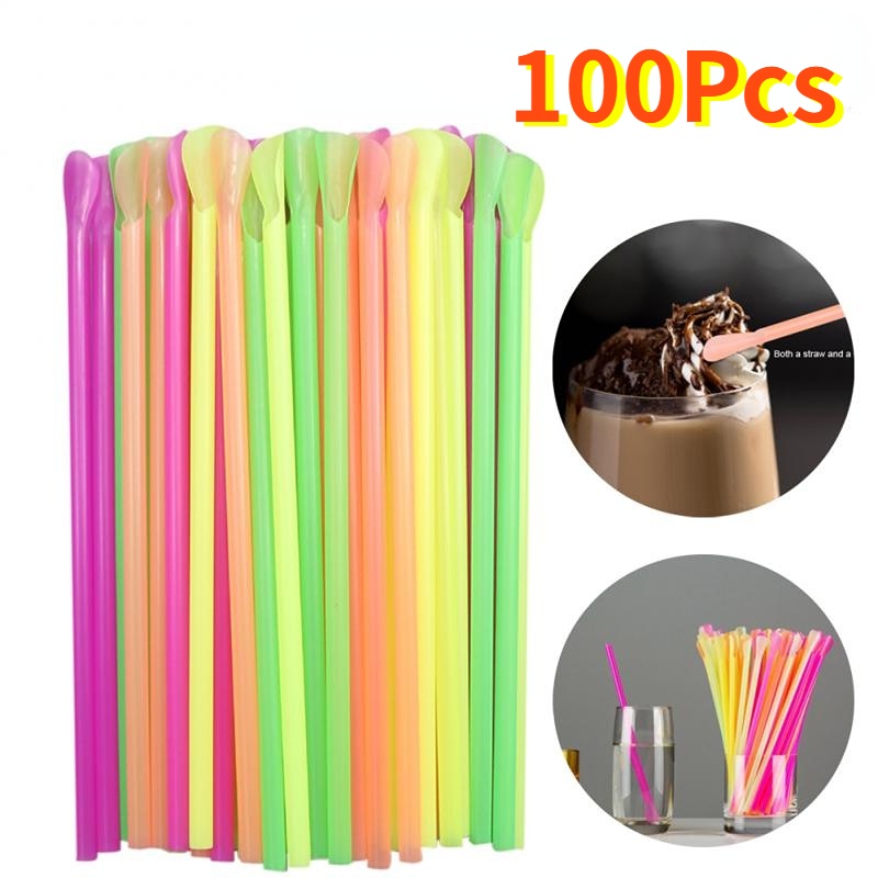 100 Pcs Sekali Pakai Milkshake Smoothie Sendok Sedotan Plastik Warna-Warni Bisa Dicuci Minum Minuman Sedotan Pesta Aksesoris Dapur