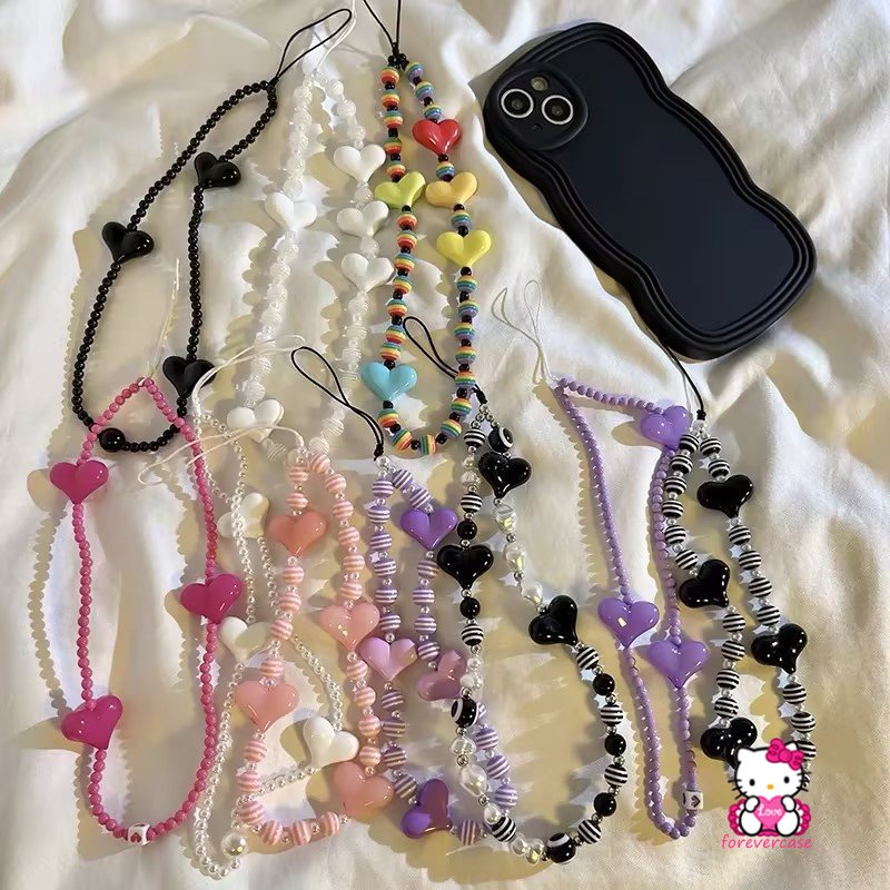 Pesona Hati Kupu-Kupu Rantai Ponsel Untuk Wanita Gadis Telepon Pesona Tali Hitam Akrilik Mutiara Manik-Manik Lanyard Perhiasan Hadiah