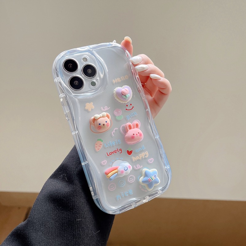 3D Clear Hand Made Diy Cute Cream Rabbit Bear Flower Soft Case iPhone 11 12 13 14 Pro Max New Apple for women girls Gift Bracelet Airbag case