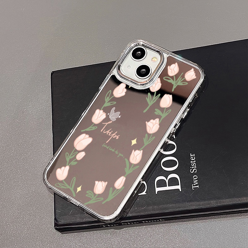 IPHONE Casing Ponsel Cermin Kupu-Kupu Tulip Elegan Kompatibel Untuk Iphone11 12 13 14 12Pro 13Pro 14Pro Pro Max XR X XS Max Electroplating Tombol Perlindungan Mirror Cover