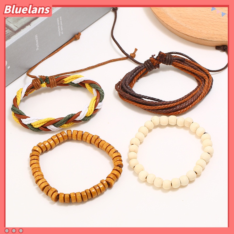 [BLS] Retro Tenun Tangan diy Empat Potong Gelang Kulit Tali Rami Sederhana Tali Tangan