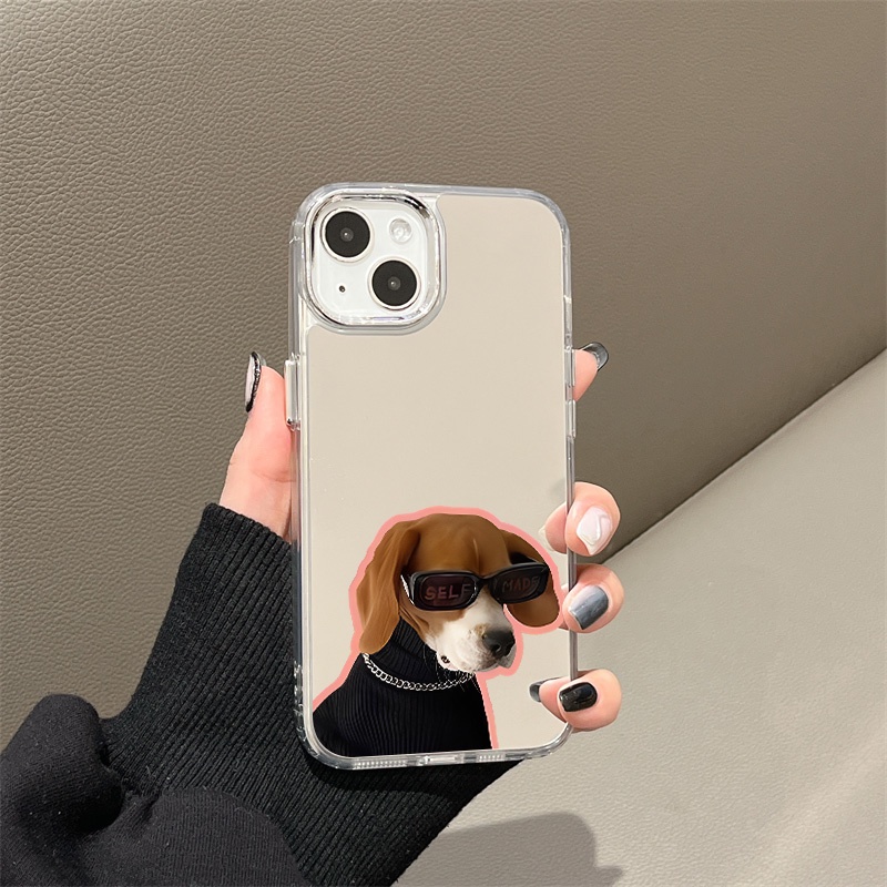 IPHONE Kacamata Hitam Keren Dog Mirror Phone Case Kompatibel Untuk Iphone11 12 13 14 12Pro 13Pro 14Pro Pro Max XR X XS Max Electroplating Tombol Perlindungan Mirror Cover