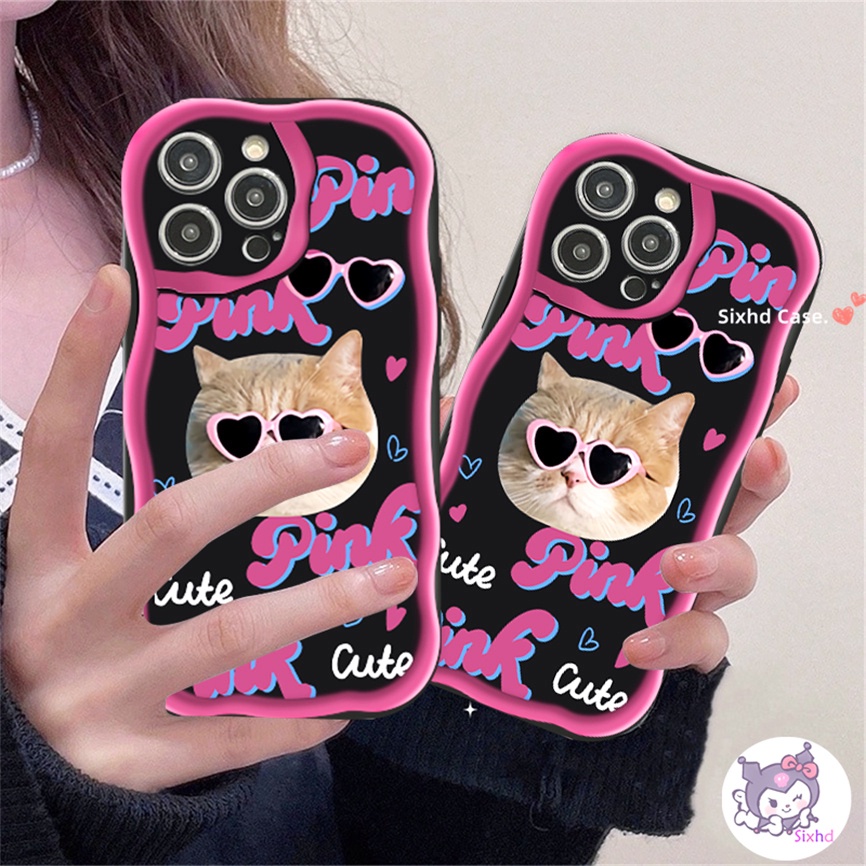 IPHONE Kompatibel Untuk Iphone14 13 12 11 Pro Max SE2020 X Xr Xs Max 8 7 6 6s Plus Kartun Lucu Kacamata Hitam Kucing 3D Tepi Melengkung Gelombang Glossy Shockproof Phone Case Soft Cover