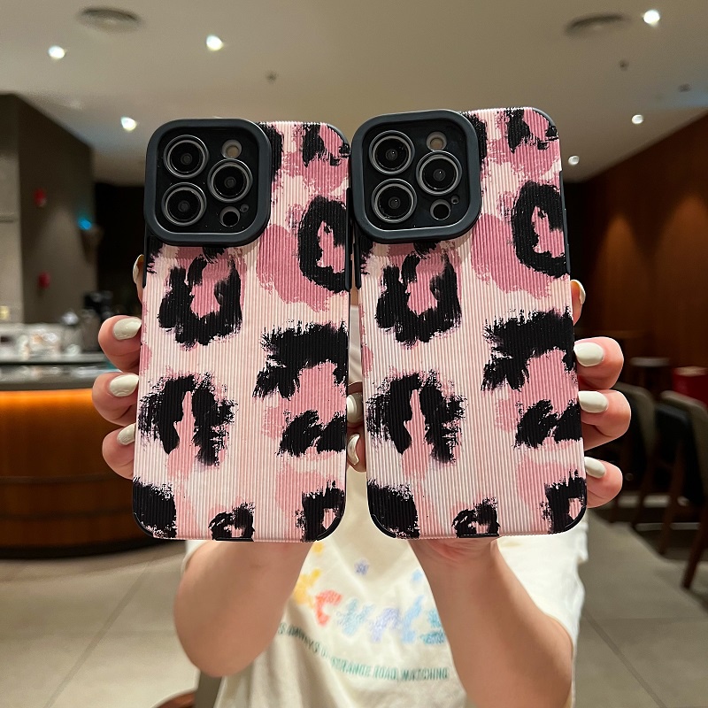 IPHONE Untuk Iphone14 13 12 11 Pro Max X XR XS Max7 8 Plus Pink Hitam Motif leopard Tekstur Vertikal Pelindung Kulit Soft case