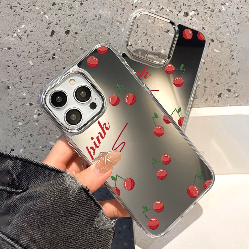 IPHONE Cherry Mirror Phone Case Kompatibel Untuk Iphone11 12 13 14 12Pro 13Pro 14Pro Pro Max XR X XS Max Electroplating Tombol Perlindungan Mirror Cover