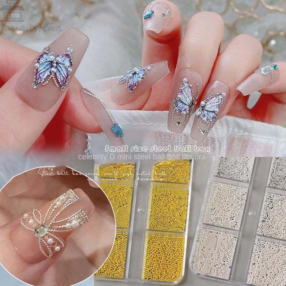 AUGUSTINA Augustina Kuku Bola Baja Manik-Manik Wanita Perak Emas Kuku Pesona Manikur Aksesoris Perhiasan Kuku Nail Bola Baja Mini
