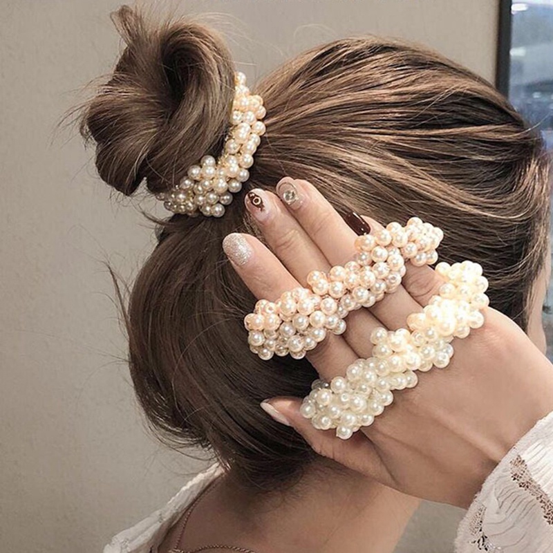 Woman Elegan Mutiara Ikat Rambut Manik-Manik Gadis Scrunchies Karet Gelang Ponytail Holder Aksesoris Rambut Elastis Hair Band