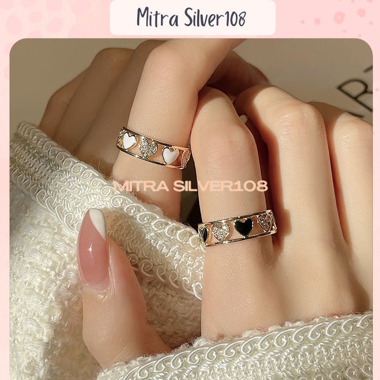 Cincin Kristal Bentuk Hati Love Fashion Korea Model Terbuka Adjustable Dapat Disesuaikan Warna Hitam Putih Minimalis Untuk Wanita CC 05