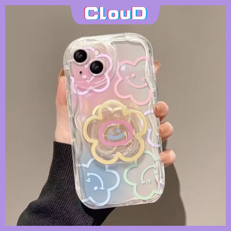 IPHONE Case Tepi Melengkung Bergelombang 3D Kompatibel Untuk Iphone11 13 12 14 Pro Max7 8 6 6s Plus XR X XS Max SE 2020 INS Korea Warna-Warni Graffiti Kartun Smiley Fresh Flowers Holder Bracket Case