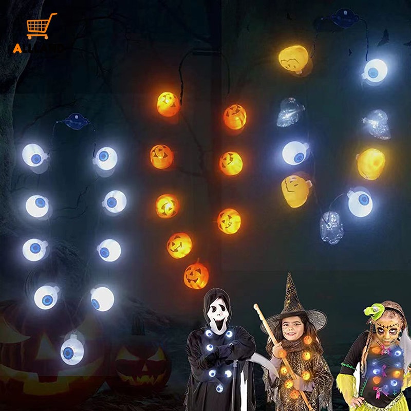 Portable Button Cell Powered Pumpkin Skull Light String/ Lampu Kalung Bola Mata Horror Cosplay Halloween/ Lampu Garland Peri Hias Paskah