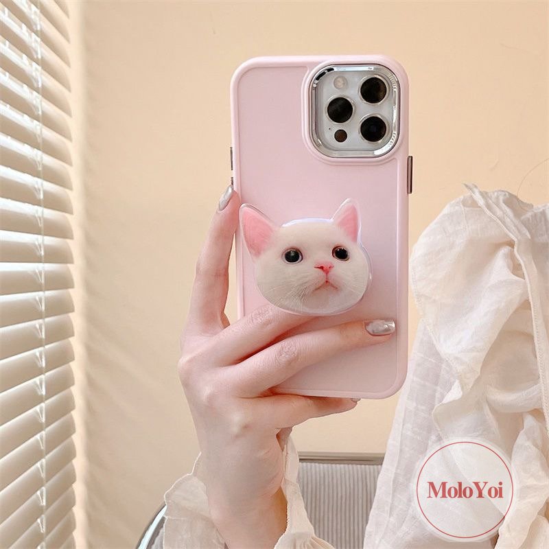 IPHONE Casing Ponsel Bracket Kucing Kitty Lucu Kompatibel Untuk Iphone11 14 13 12 Pro MAX 7plus X XR 78 Plus XS MAX Mewah Plating Bingkai Lensa Logam Warna Solid Sederhana Soft Cover