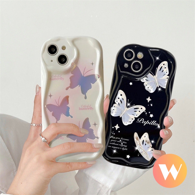 Casing Ponsel 3D Wavy Curved Edge Kompatibel Untuk IPhone 13 12 14 11 Pro MAX 6S 7 6 8 Plus Se2020 7Plus XR XS X MAX INS Korea Glitter Fantasy Retro Lucu Indah Butterfly Case