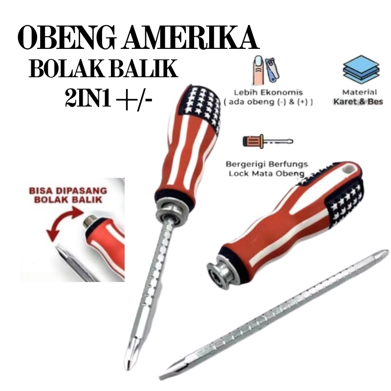 GOS -B404- Obeng Amerika Bolak Balik - Obeng Bolak Balik Kembang - Obeng Min Plus Amerika 2 in 1