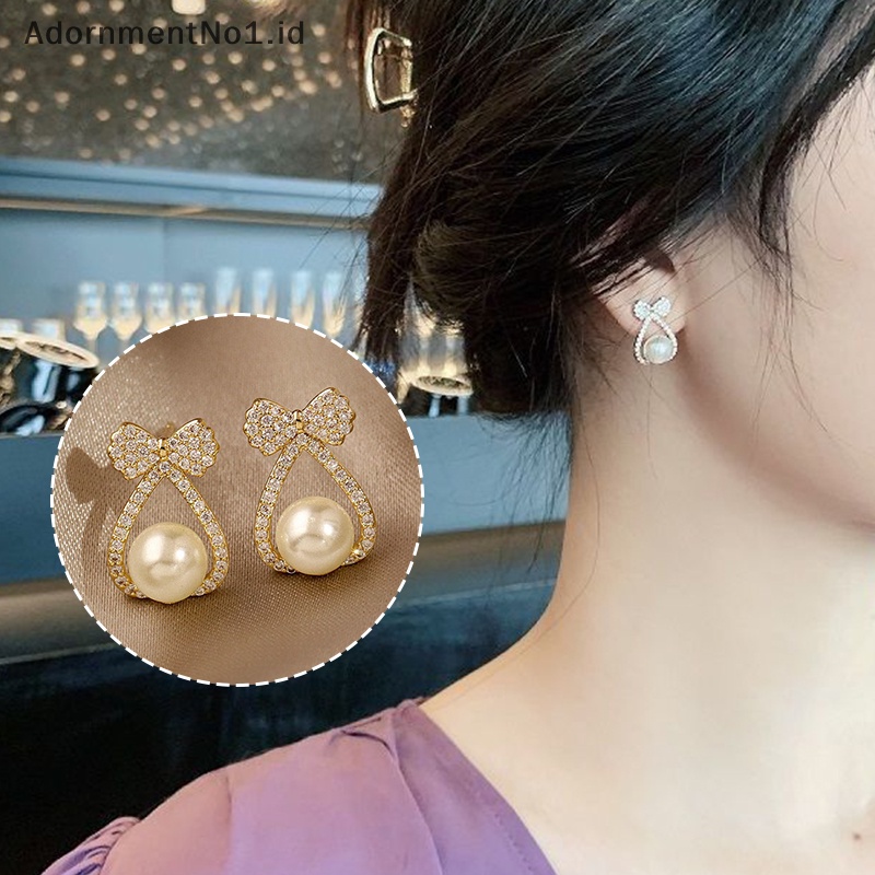 [AdornmentNo1] Pearl Studs Bow anting kristal untuk wanita Eardrop kecil perhiasan Fashion pernikahan