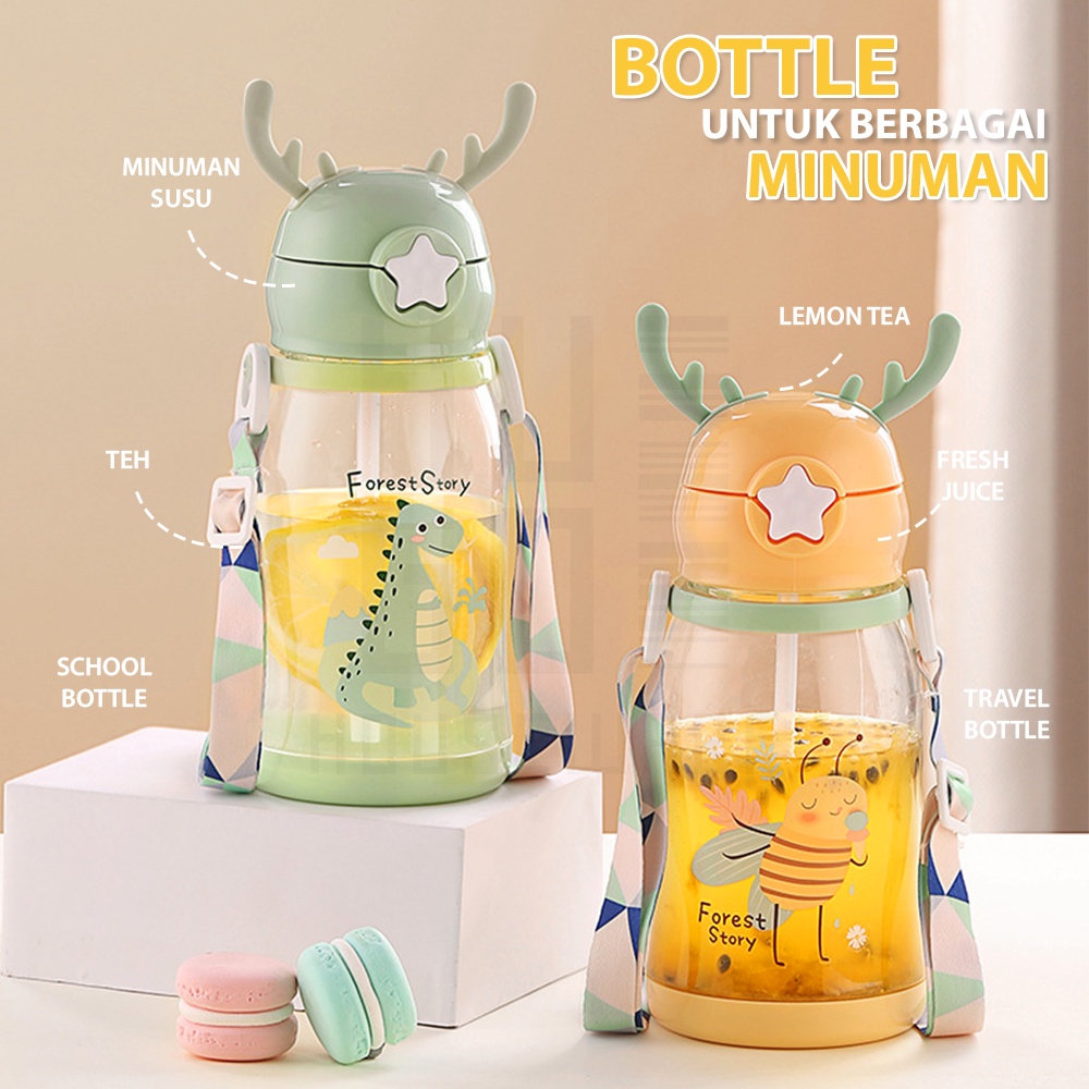 HUGO Botol Minum Anak Tanduk Rusa dengan Tali Sedotan Botol Anak Lucu 600 ml Anti Tumpah Anti Pecah