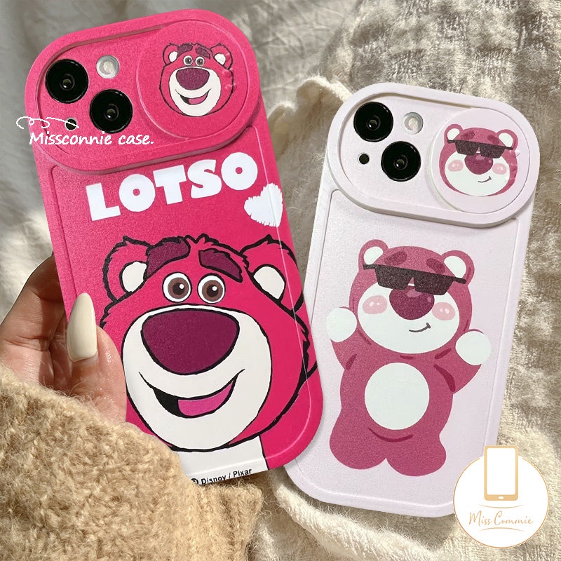 Cute Strawberry Bear Lotso Case Compatible for iPhone 11 XR 7Plus 13 12 11 Pro Max 8Plus X XS Max Cartoon Funny Dinosaur Push Pull Window Camera Lens Protector Soft Cover