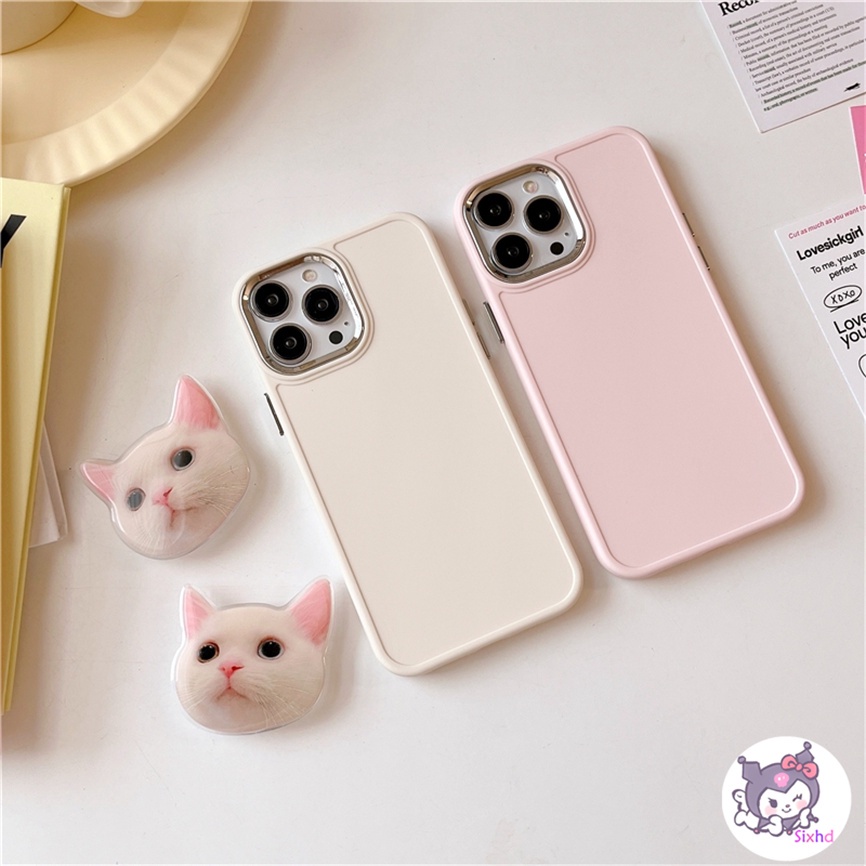 Compatible For iPhone 11 14 13 12 Pro Max 8 7Plus X Xs Xr Xs Max SE2020 Electroplated Lens Frame Protection Cute Cartoon Kitten Fashion Phone Case+Bracket Soft Anti Drop Cover