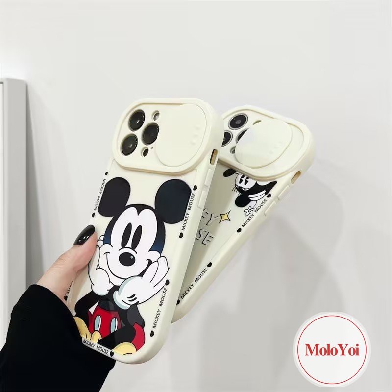 Cartoon Disney Strawberry Bear Lotso Push Pull Window Case Compatible for iPhone XR XS X Max 8Plus 7Plus 11 13 12 Pro Max Camera Lens Protector Cute Mickey Mouse Couple Phone Cover