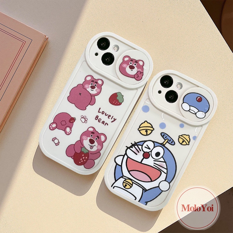 Push Pull Window Lovely Doraemon Funny Dinosaur Camera Lens Protector Case Compatible for IPhone 7Plus XR X XS Max 11 13 12 Pro Max 8Plus Strawberry Bear Lotso Cartoon Cover