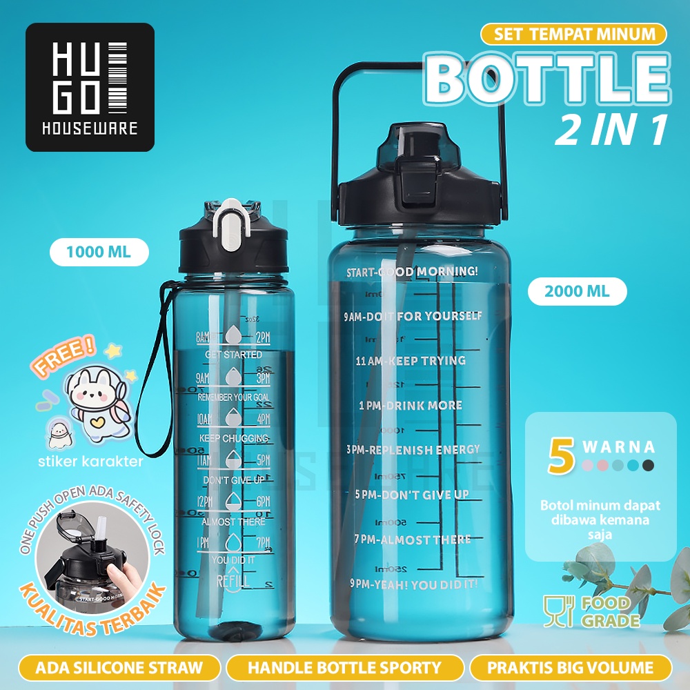 HUGO Botol Minum Motivasi Set 2 in 1 Botol Air 2 Liter + 1 Liter Botol Anak Sekolah Premium BPA FREE