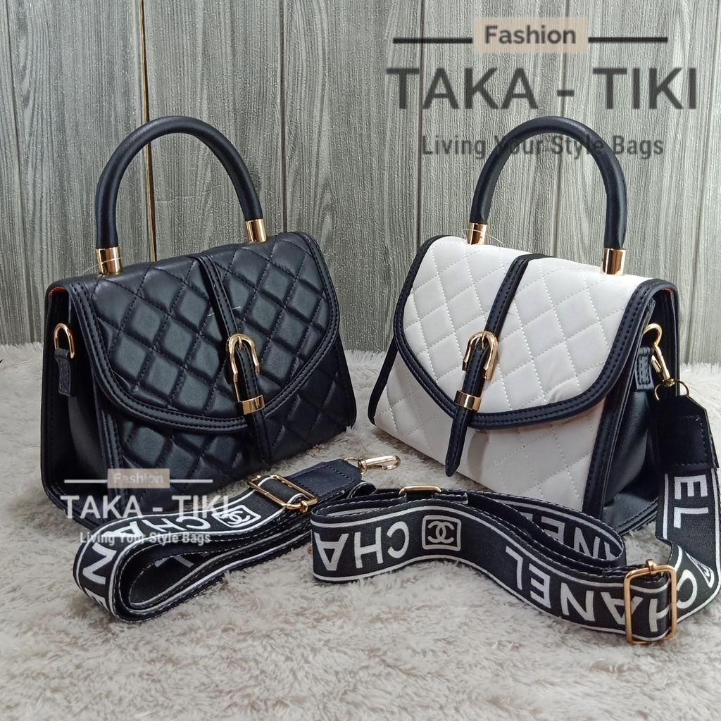 tas wanita chnl jinjing besi lidah gesper BLACK WHITE SPECIAL EDITION. kualitas no 1 . full premium aksesoris