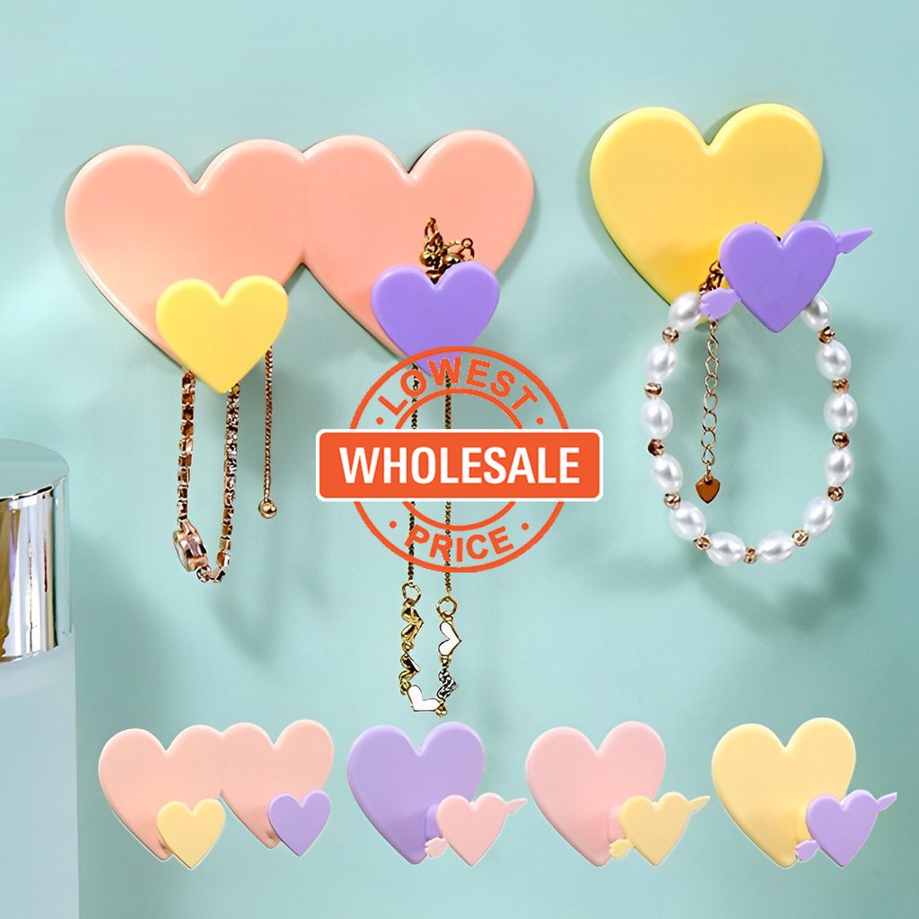 [Harga Grosir] 1PC Korean Double-Heart Hook/Tempat Perhiasan Telepon Yang Dipasang Di Dinding/Doorback Umbrella Keys Coat Rack/ Kait Perekat Dapur Kamar Mandi/Organizer Rumah Nordic