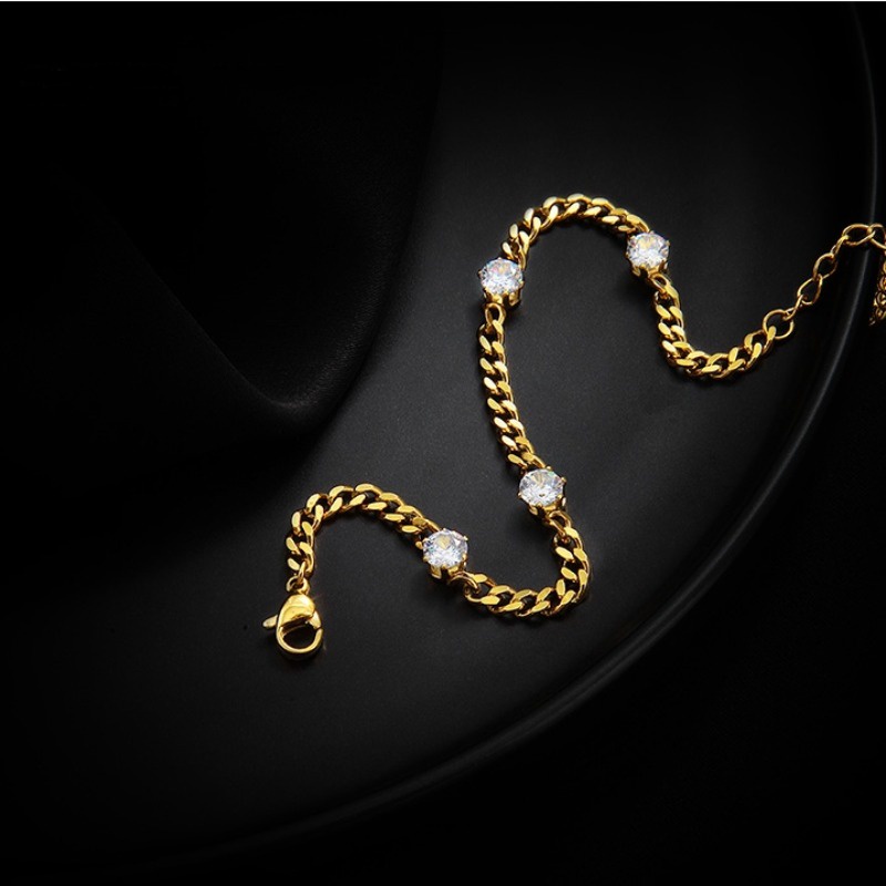 Gelang titanium Emas 18K Kristal Artifisial Wanita simple Gaya Rantai Kuba Tidak Luntur