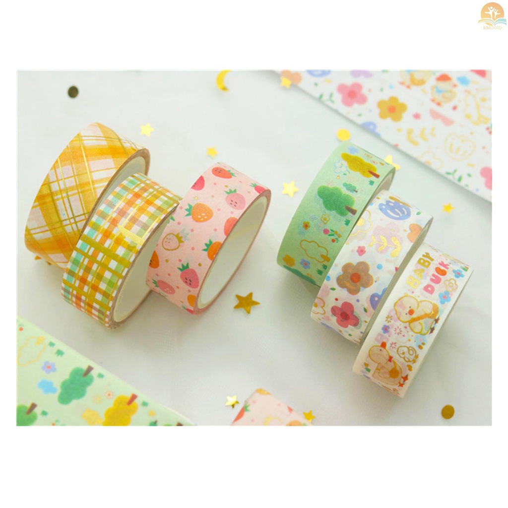 In Stock 6roll Lucu Kartun Foil Emas Washi Tape Set Gaya Rustic Washi Masking Tapes Tape Perekat Dekoratif Label Stiker Lebar 15mm Untuk DIY Seni &amp; Kerajinan Scrapbooking Jurnal