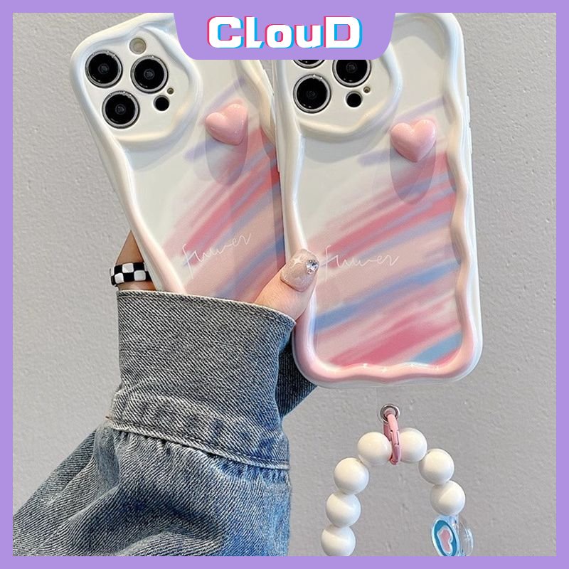 Case Tepi Melengkung Bergelombang Stereo 3D Kompatibel Untuk IPhone 7Plus XR X8 6 7 6s Plus XS Max SE 2020 11 13 14 12 Pro Max Love Heart Hand Strap Gelang Watercolor Graffiti Rainbow Cover