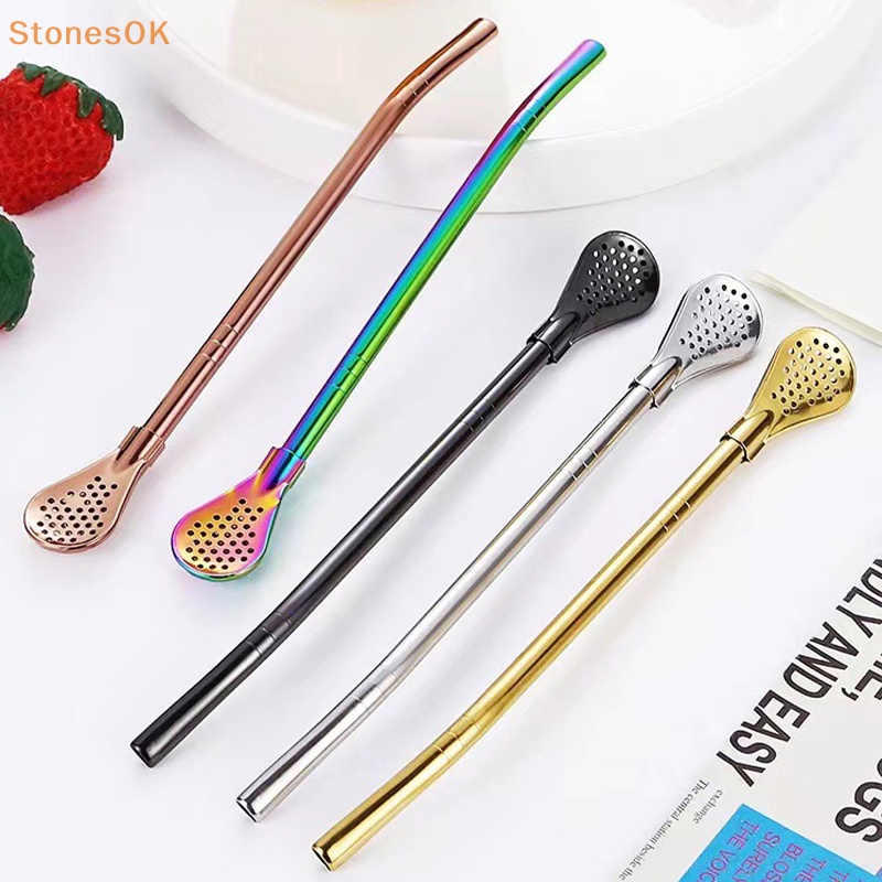 Batu Warna Warni304 Sedotan Minum Teh Stainless Steel Sendok Yerba Mate Tea Filter Reusable Metal Kitchen Bar Milk Tea Stirring Spoon ID