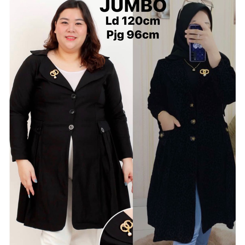 BLAZER PANJANG WANITA/LONG BLAZER JUMBO HITAM POLOS LD 120 FREE BROSS PREMIUM TERMURAH / LONG BLAZER