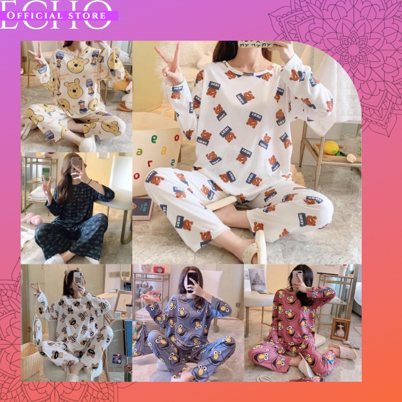 ECHO B13 - PAKAIAN WANITA BAJU TIDUR WANITA PIYAMA SET LENGAN PANJANG CELANA PANJANG PAKAIAN RUMAH W