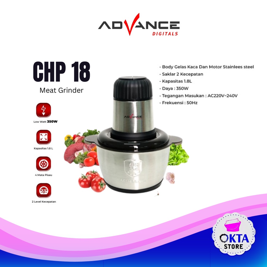 Advance Food Chopper Blender Daging Penggiling Daging Listrik  Gelas Kaca CHP 18 1.8 Liter