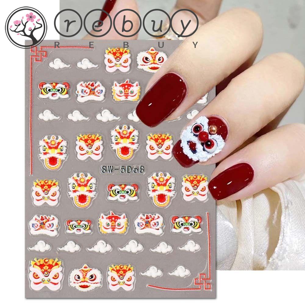 Rebuy Chinese New Year Nail Stiker Fashion Cute Lion New Year Nail Art Manicure Aksesoris FU Karakter Dekorasi Nail Art Karakter Cina