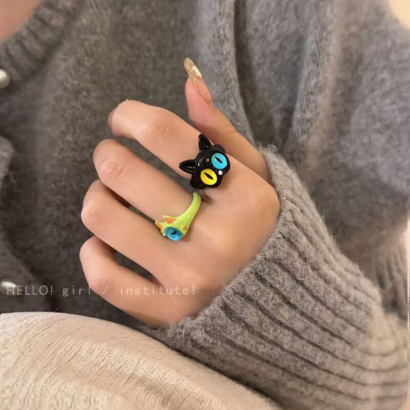 Cincin Monster Kecil Kucing Hitam Lucu Mata Besar Manis Keren Kartun Lucu Pacar Pasangan Cincin Hadiah Perhiasan