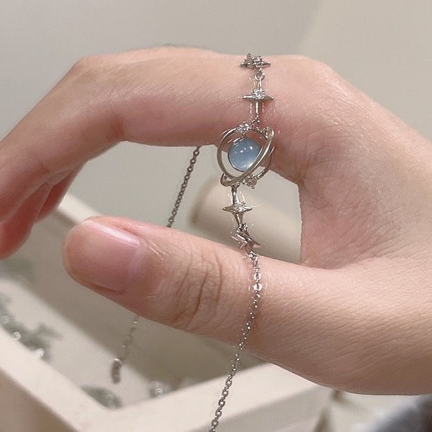 Roselife Korea Moonstone Sparkling Star Blue Planet Bracelet Untuk Wanita Gadis Bersinar Langit Berbintang Semesta Gelang Perhiasan Hadiah Untuk Pacar Teman