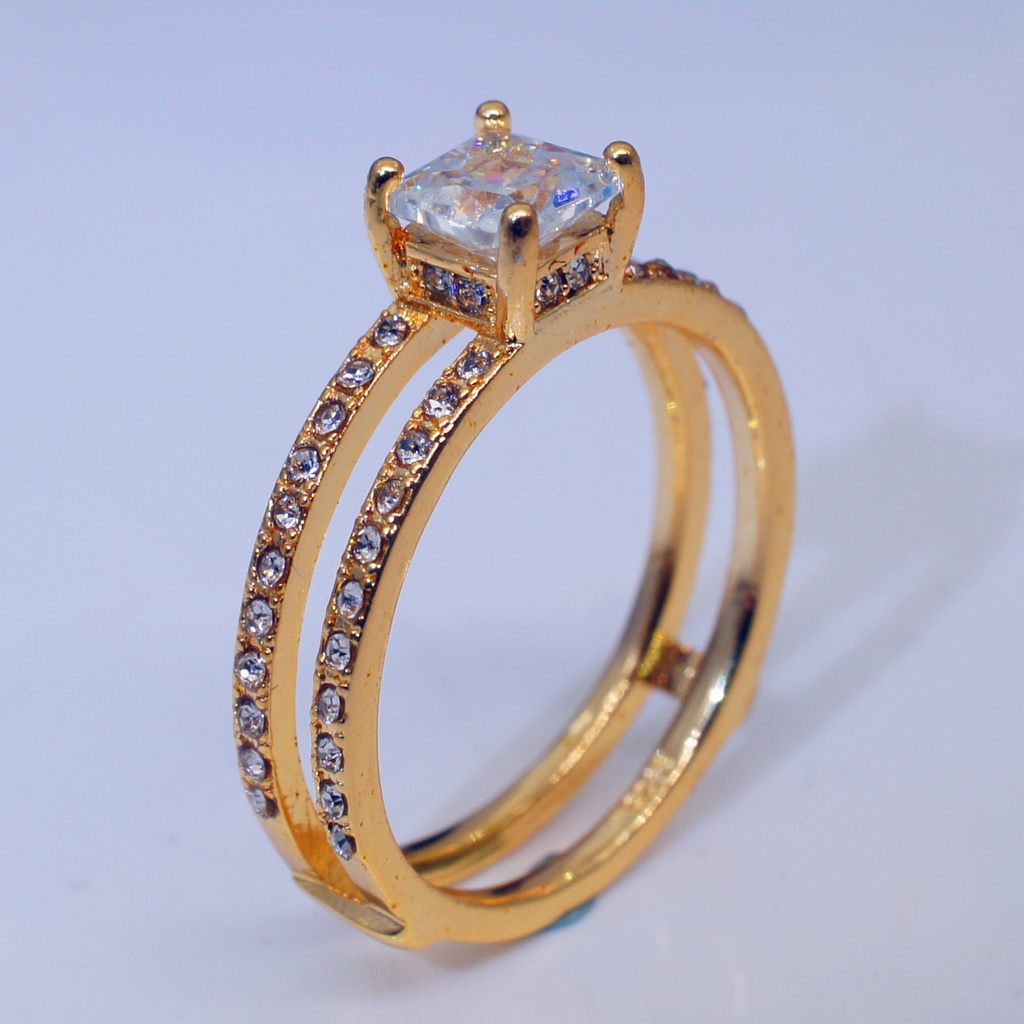 Goldkingdom Aksesoris Perhiasan Fashion Ready Stock Berlapis Emas Kuning Berlian Ganda-set Mahkota Cincin Berlian Eropa Dan Amerika Putri Pertunangan Cincin