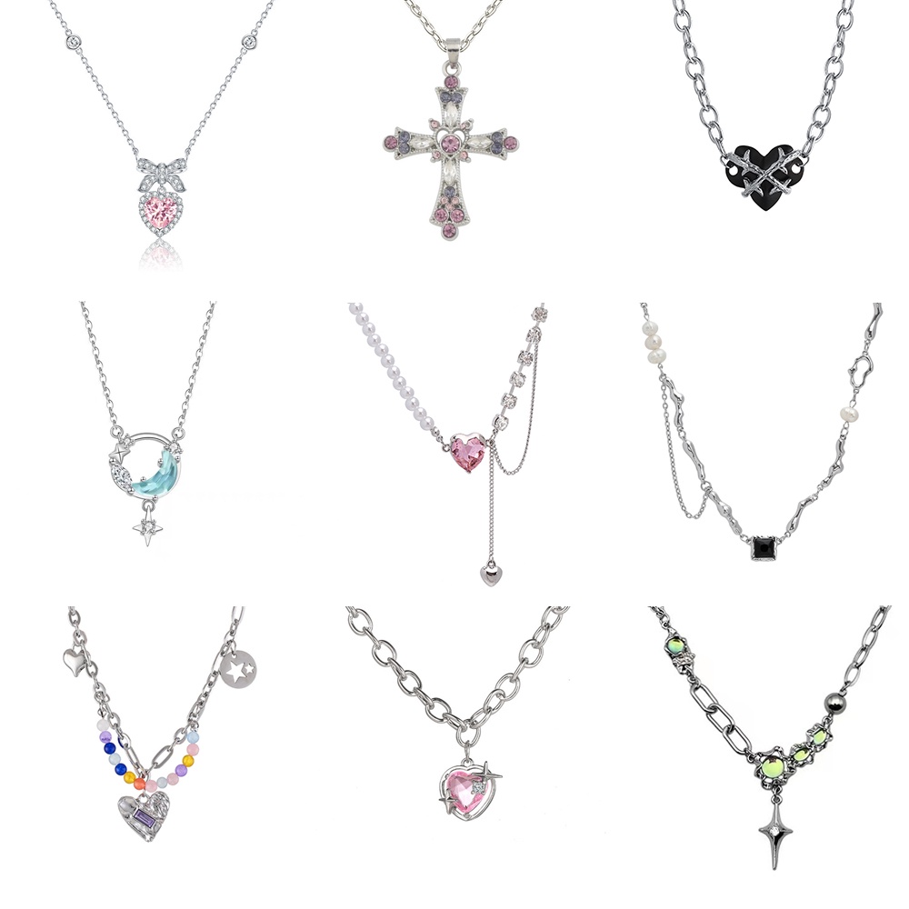 Y2k Butterfly Heart Cross Pendant Kalung Mutiara Manis Kristal Zirkon Emas Perak Rantai Choker Untuk Wanita Perhiasan Aksesoris