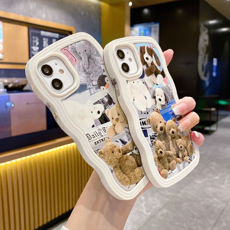 Lovely Brown Bear Family 2in1 Wave Soft Case HP iP iPhone 14 13 12 11 Pro X XS XR Max 7 8 + Plus White FTD Casing Apple