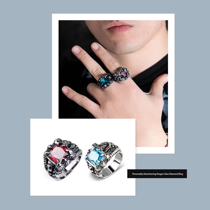 Cincin Gothic Biru Merah Kristal Setan Naga Cakar Untuk Pria Jalan Keren Biker Jari Perhiasan