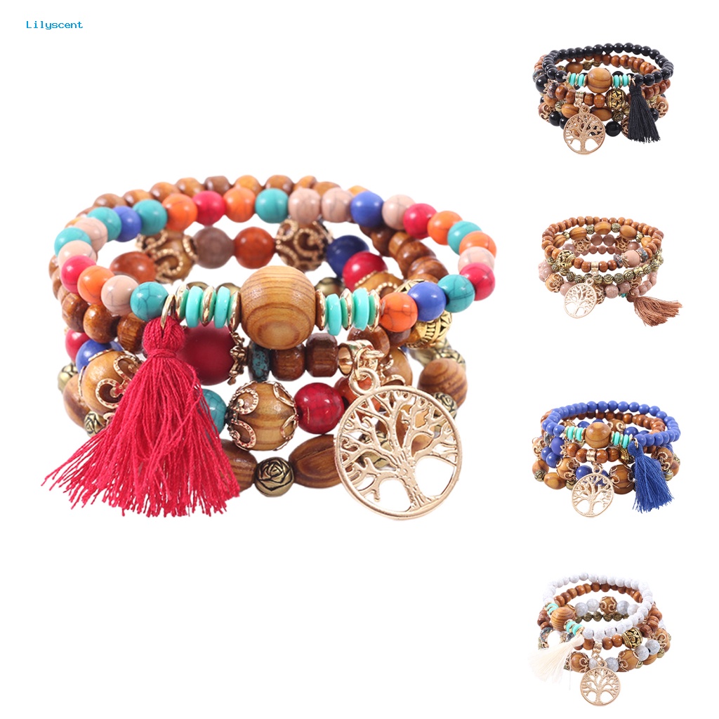 Lilyscent 4 Pcs Unisex Fashion Manik-Manik Kayu Rumbai Untai Bangle Gelang Perhiasan Hadiah